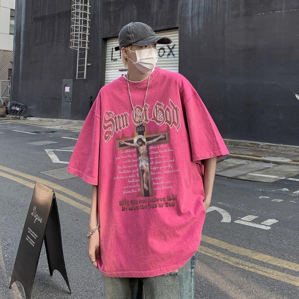 100 % bomull Acid Washed Vintage Kortärmad T-shirt Framtryck Streetwear HipHop Harajuku Oversized T-shirts