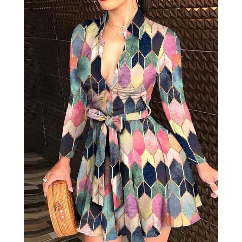 Women's Long Sleeve V-neck Lace up Sexy Print Dress