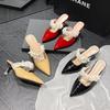 Fashion Elastic Lace Ribbon Band Slippers Woman Patent Leather Pointed Toe Shoes Ladies Gold High Heels Mules Party Dress Sliders Female