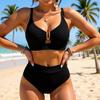 2026 Women's High Waist Bikini Set Ribbed Two-piece Swimsuit V-Neck Hollow Back Lace-Up Swimsuit
