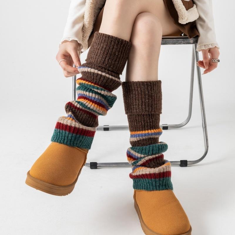 American Retro Fashion Sense~ Rainbow Striped Wool Contrasting Color Calf Socks Cover Tide Warm Ethnic Style Stacking Socks