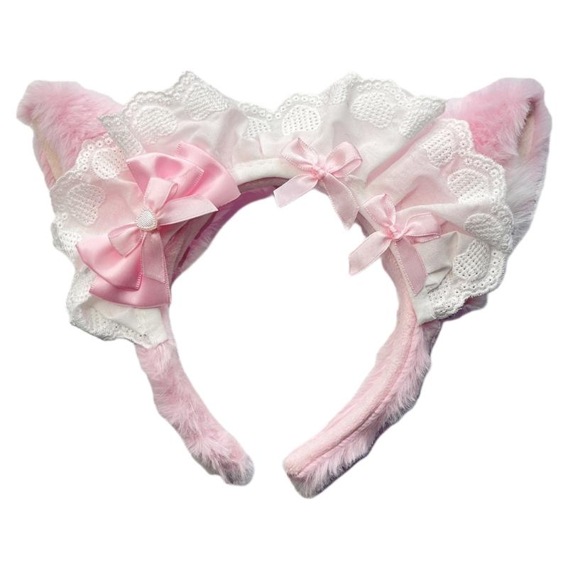 

Adorable Sweet Style Headband Cosplay Hairband with Plush Ear & Ribbon Bowknot Design for Daily Wear and Themed Parties рожевий