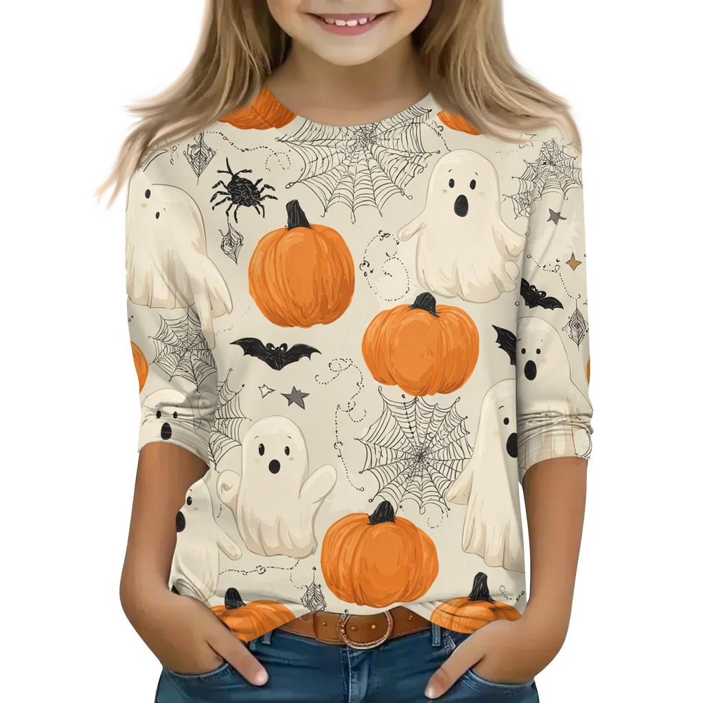 Print Tops For Youth Girls 5-16 Years Round Neck 3/4 Sleeves T-Shirts Trendy Tops Outfit Tees