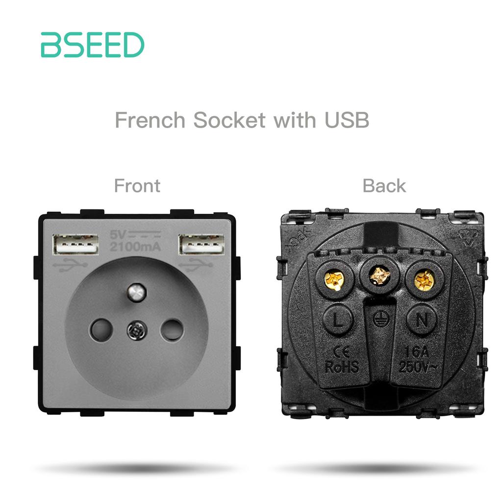 BSEED Mechanical Button Switches EU/FR Socket Type-c Dual USB Sockets Function Parts Glass Socket Frames DIY Free Combination