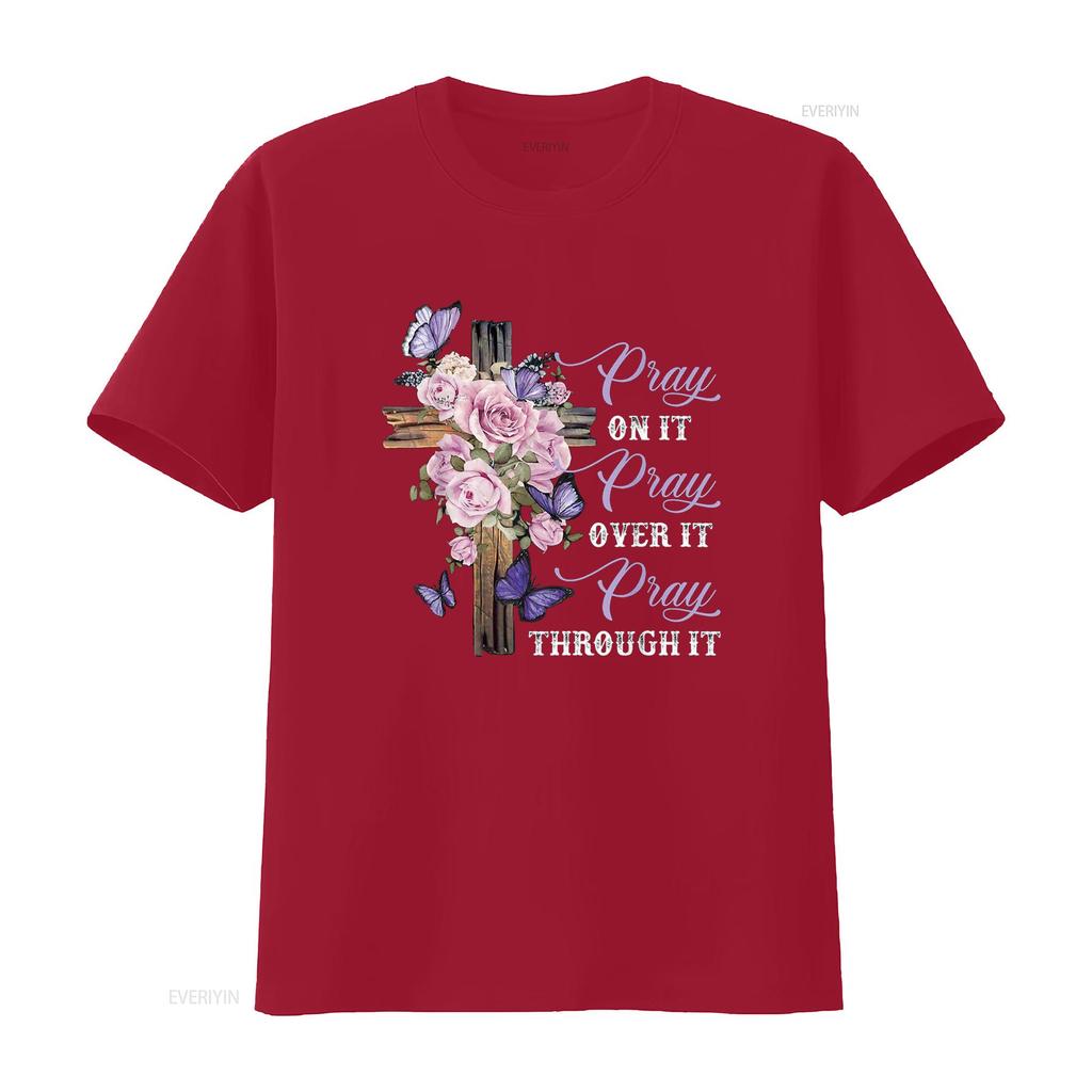 Pray On It Over Through Christian T Shirt vintage Washed Soft streetwear Top For Everyday Wear Breathable designer clothes