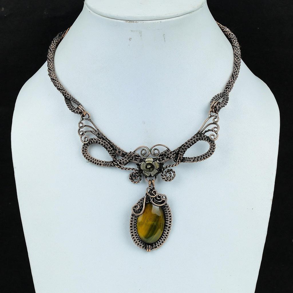 Blue Tiger's Eye Necklace, 999 Copper Wire Wrapped Jewelry, Gemstone Jewelry Adjustable Chain Necklace, Handmade Wedding Gift Jewelry