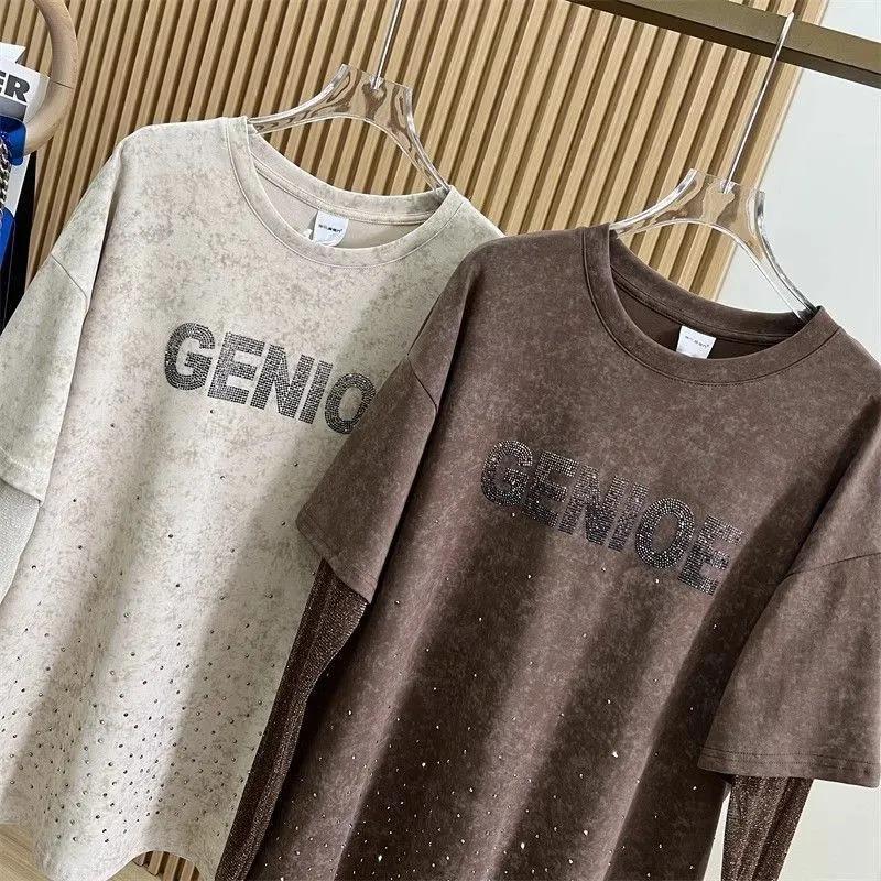 

T-shirt Women Summer Casual Large Size Loose Round Neck Pullover Fake Two-piece Tops XXXXL коричневий
