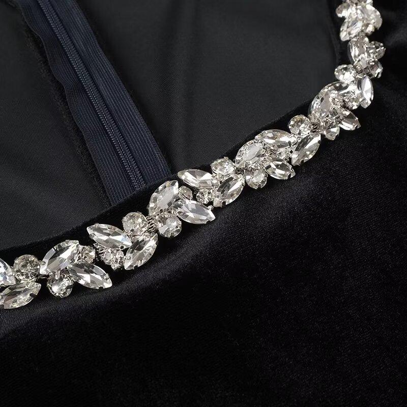 Women's Elegant Beaded Velvet Square Neck Rhinestone Long Sleeve Dress – Winter Formal/ New Year’s Dress