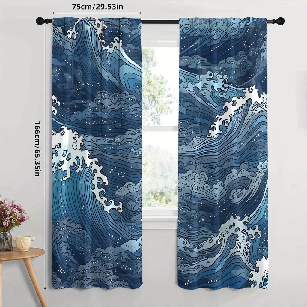 2PCS Digital Printed Curta, Deep Sea Waves Ocean Blue Marine, Window Treatments for Living Room Bedroom Kitchen Home Decor