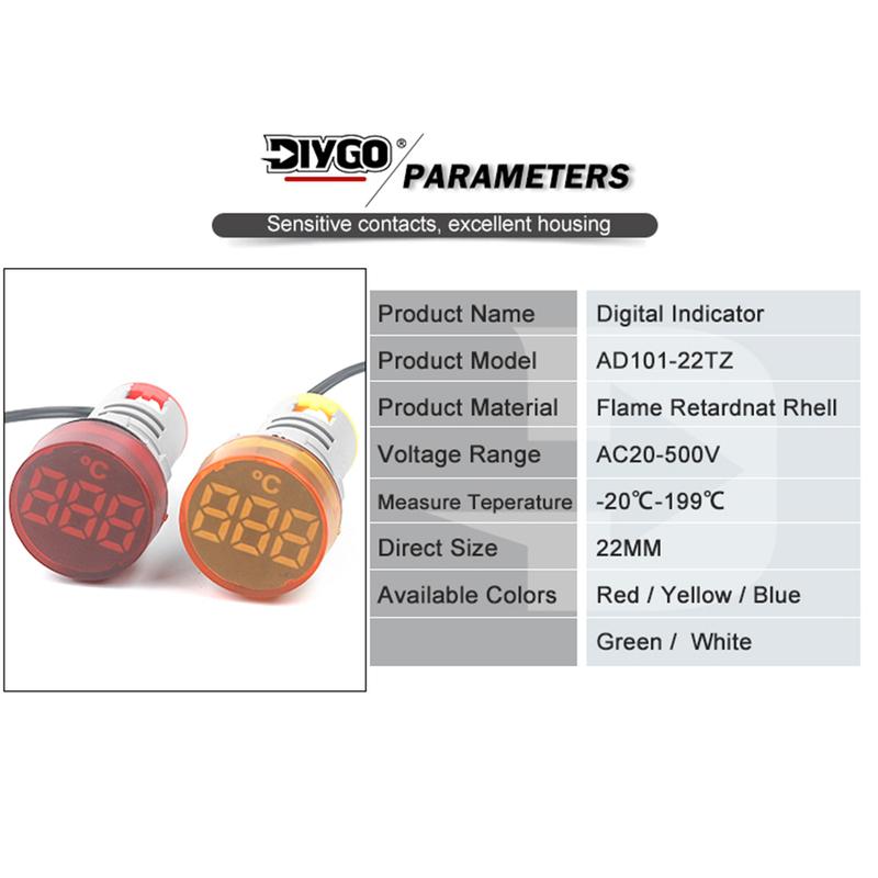 1PCS 22MM Mini Round LED Thermometer AC 50-500V -20-199 Digital Temperature Meter Indicator,For Sensor Gauge Weather Station