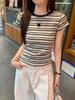 Women's 2025 Retro Color Block Striped Round Neck Short Sleeve T-shirt – Slim Fit Trendy Summer Top