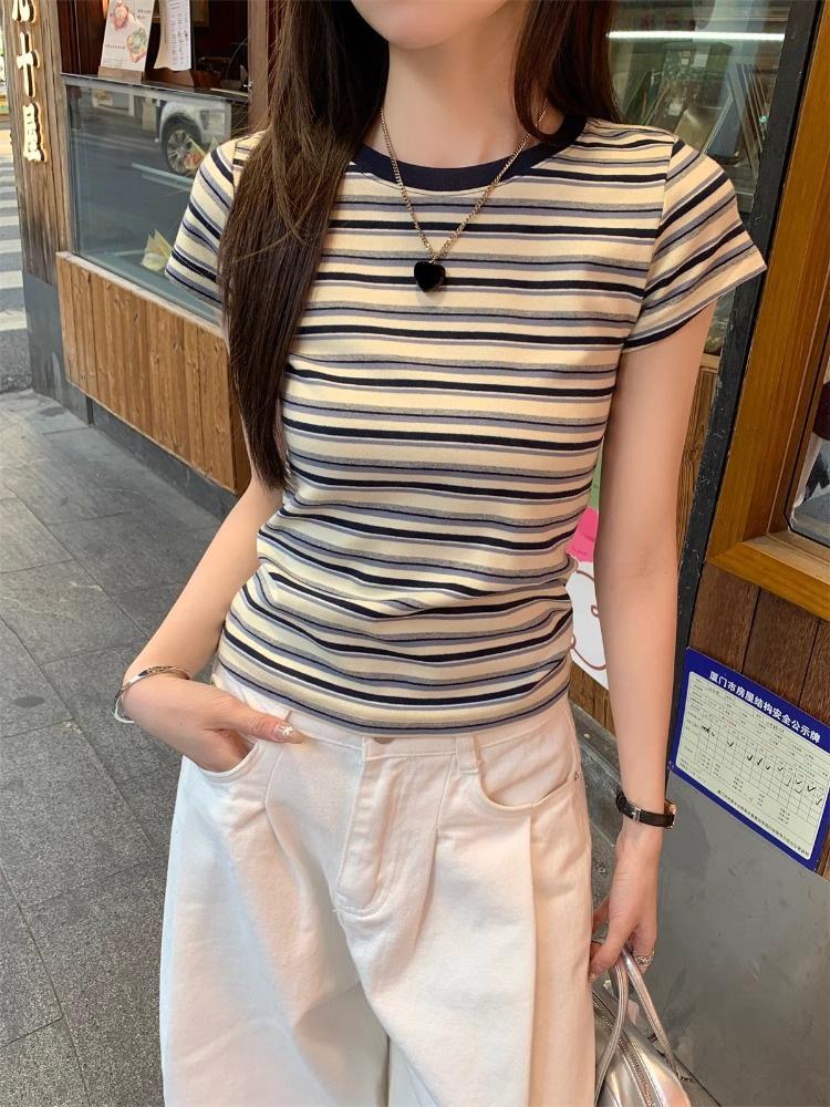 Women's 2025 Retro Color Block Striped Round Neck Short Sleeve T-shirt – Slim Fit Trendy Summer Top