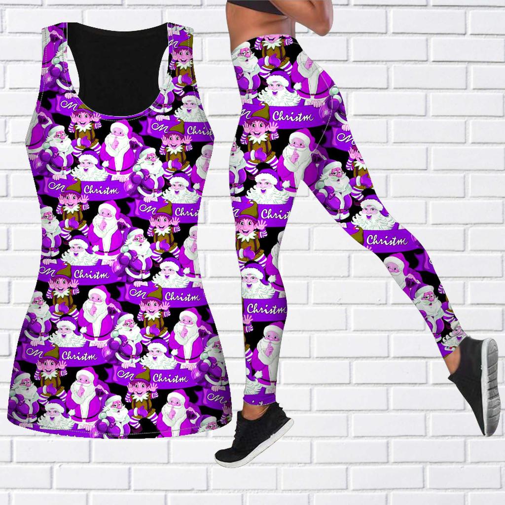 Lila Weihnachtsmann-Druck-Yoga-Outfit für Damen, modische Workout-Leggings, Fitness, Sport, lässige Yoga-Hose