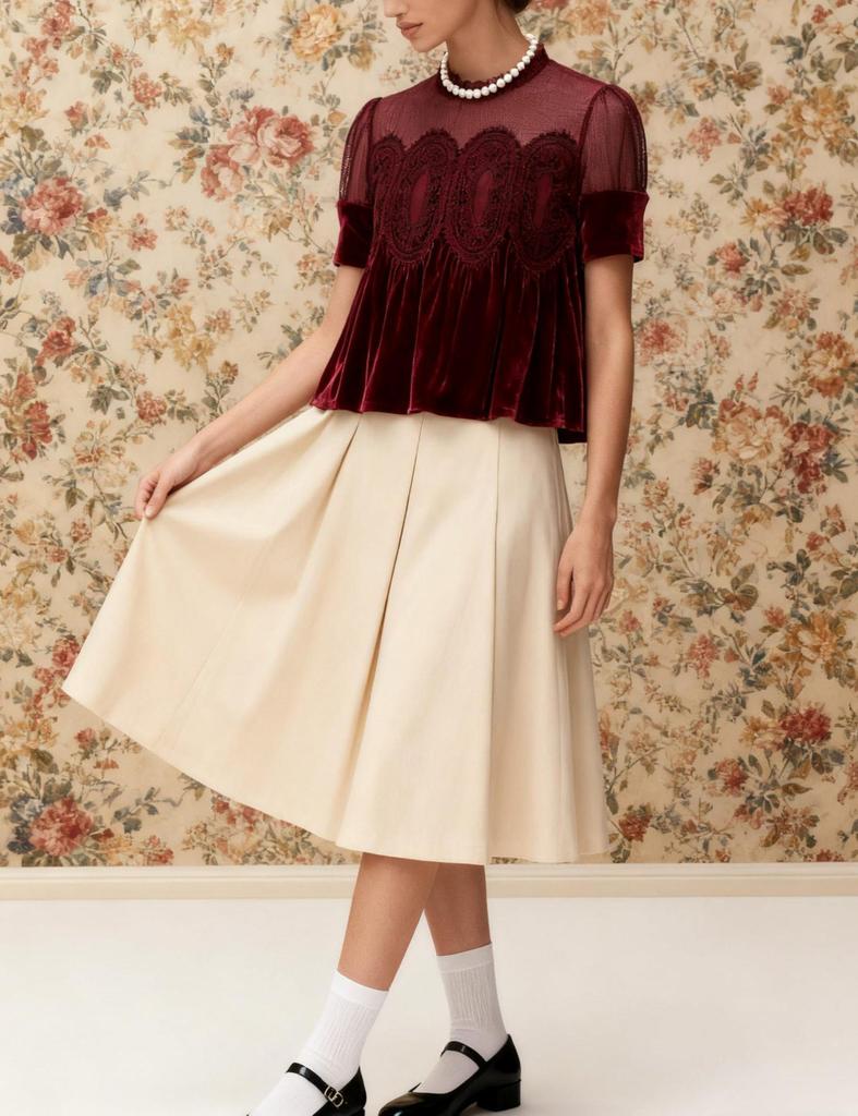 Women's Elegant Velvet Lace Round Neck Bell Sleeve Top