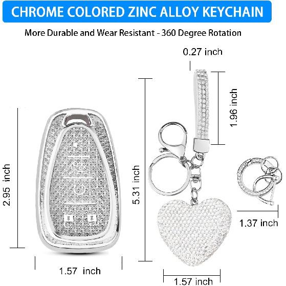 QBUC For Chevy Key Fob Cover With Diamond Keychain, 5 Button Key Case For Women For Chevrolet Equinox Malibu Camaro Blazer Cruze Traverse Trax Volt
