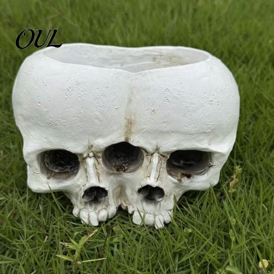Retro Distressed Skull Decor Double Flowerpot for Succulents Green Plants, Realistic Resin Planter, Gothic Home Plant Pot Halloween Party &