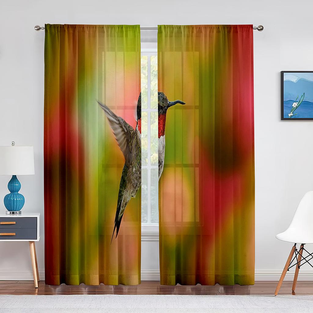 Cortina transparente de beija-flores e flores de primavera para sala de estar, quarto, decoração para casa, suprimentos para janelas, cortinas de tule de chiffon estampadas
