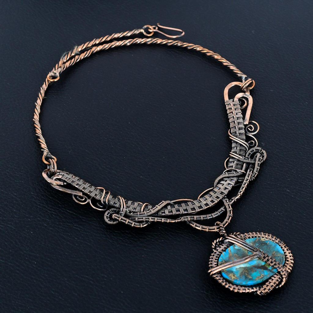 Blue Copper Turquoise Handmade Gemstone Necklace, 999 Copper Wire Wrapped Necklace Antique Jewelry, For Engagement Gift