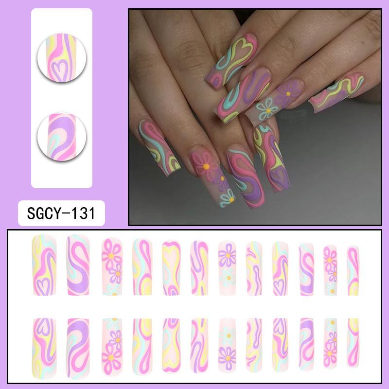 Long Press-On Nails With Adhesive Tabs Full Cover Fake Women INS Style Acrylic Nail Tips Reusable Wearable Art
