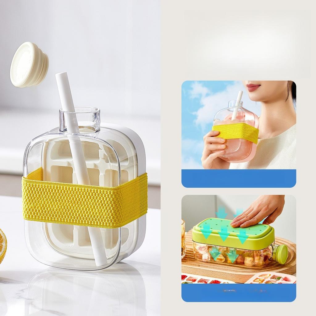 2in1 Ice Tray Water Bottle Portable Silicone Summer Ice Cube Tray With Straw Pressing Mould Ice DrinkBottle Outdoor Beverage Cup