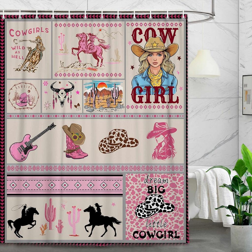 Western Shower Curtain,Abstract Aztec Geometric Southwestern Cactu Skull Bull Bath Accessories Decor, Navajo Native Shower