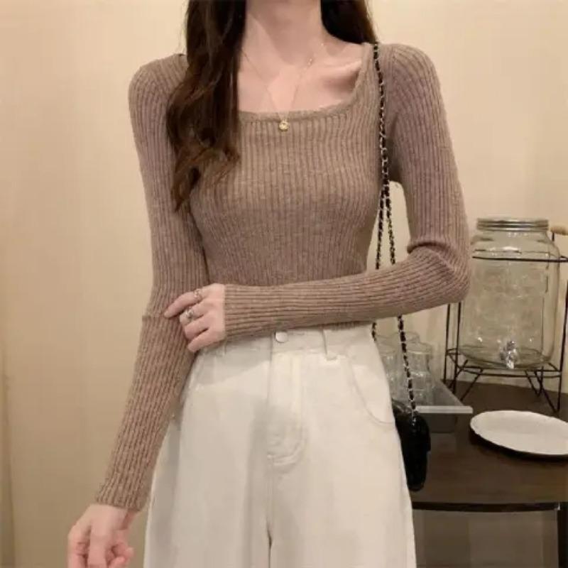 Square-neck Sweater Women's Pullover Autumn and Winter New Korean-style Slim-fit Top Knitted Tight Base Layer