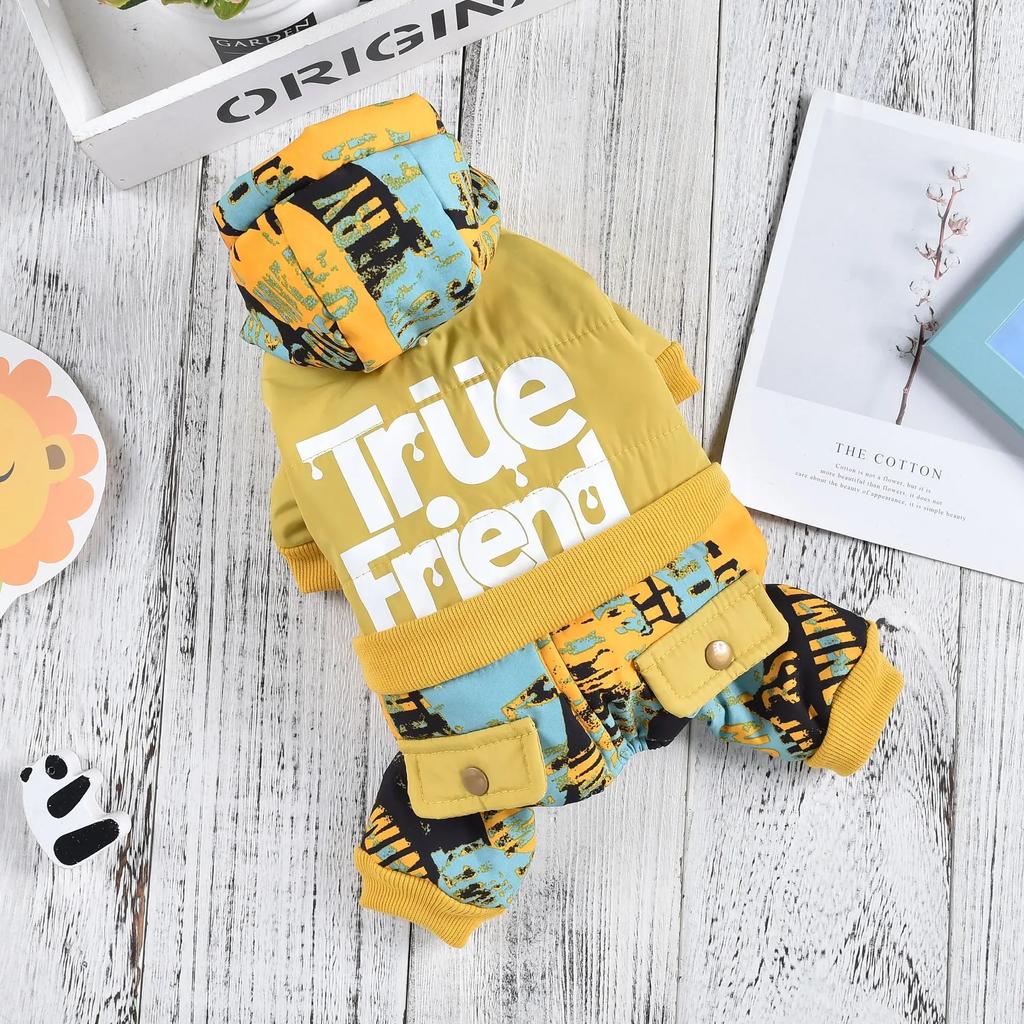 Parkas für vierbeinige Hunde mit Kapuze, warm, bedruckt, für vierbeinige Hunde, winddicht, für den Außenbereich, Overall, Kleidung für kleine Hunde, Welpenkleidung