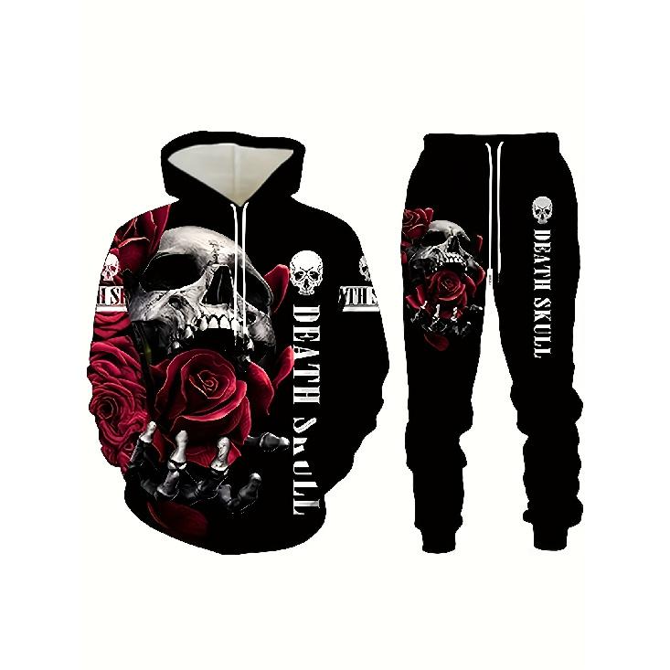 Men's Trendy 3D Luminous Skull Print Autumn And Winter Sweatshirt And Sweatpants 2pcs Set