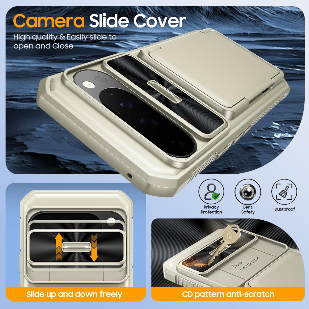 With Card Holder Sliding Camera Cover And Stand For Google Pixel 10 Pro XL Phone Case, Anti-Fall PC+TPU Wallet Case-Champagne