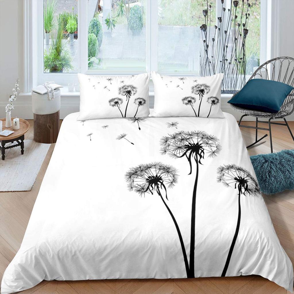 Dandelion Duvet Cover Flower Romance Theme Black and White Bedding Set Boys Girls Teens Microfiber Comforter Cover with Zipper