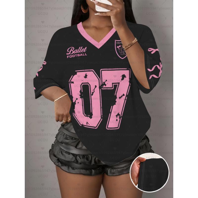 Summer Women's 3D Print V-Neck Short Sleeve T-Shirt Summer Graphic Tee Football Jerseys Plus Size Sport T-Shirt Tops