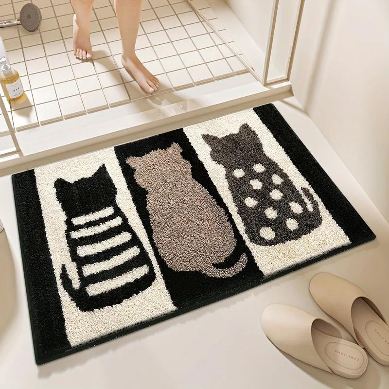 Cute Cat Print Bathroom Mat Non-Slip Absorbent Quick Dry Stain Resistant Washable Soft Durable Floor Rug for Home