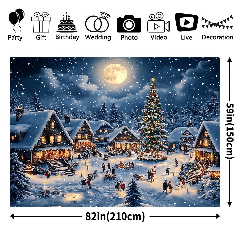 Christmas joyous party spotlight backdrop featuring cartoon village and pine tree design suitable for holiday partiesZL