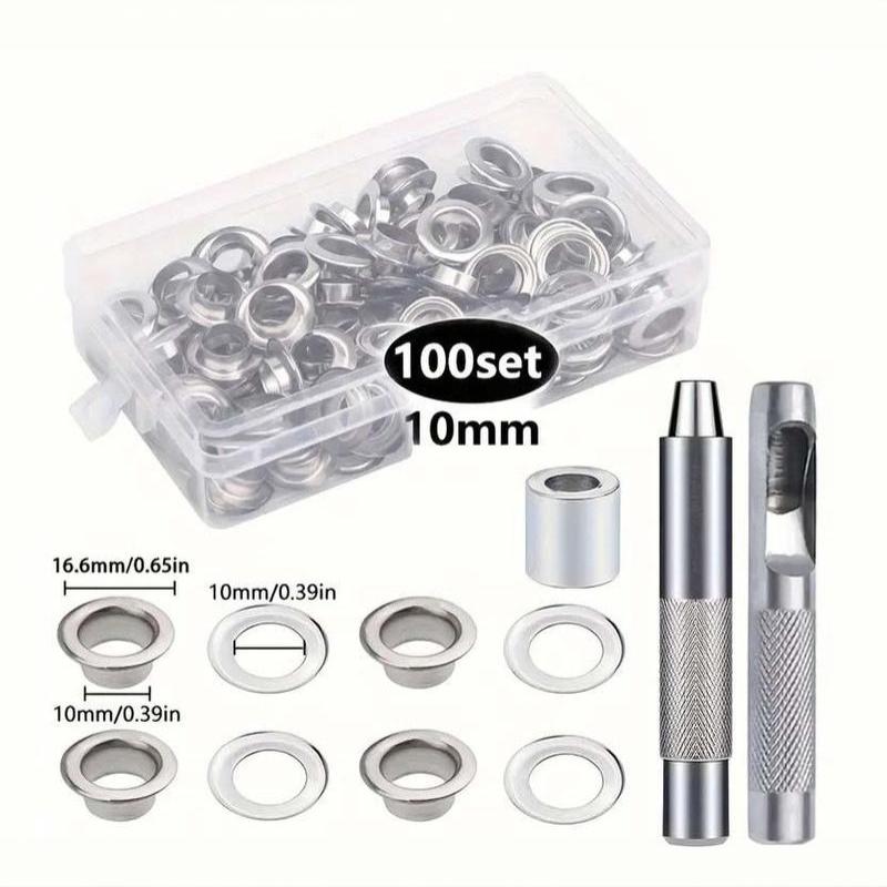 Metal Eyelet Grommet Ring Set 100 Sets 6/8/10mm with Installation Tool for DIY Curtain Making Awning Repair