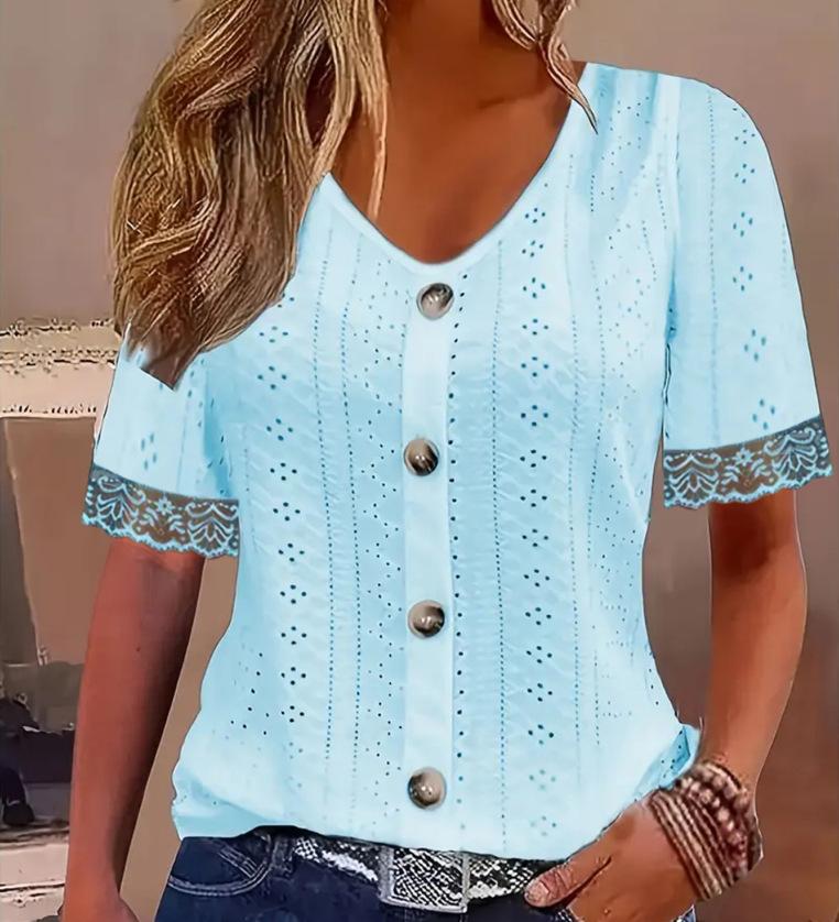 Women Short Sleeve V Neck Hollow Lace Trim Button T Shirt S синий