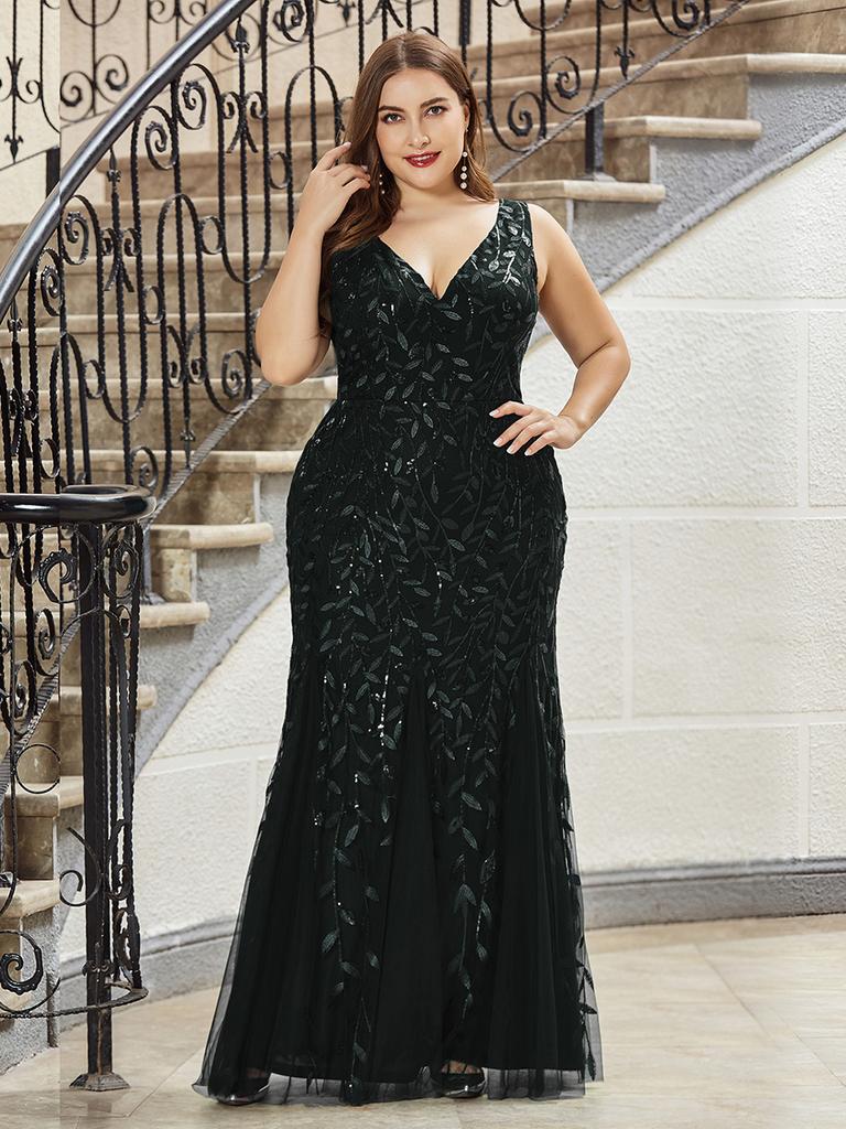 plus size black fishtail dress Plus Size V-Neck Fishtail Dress with Bead Detail for Formal Events