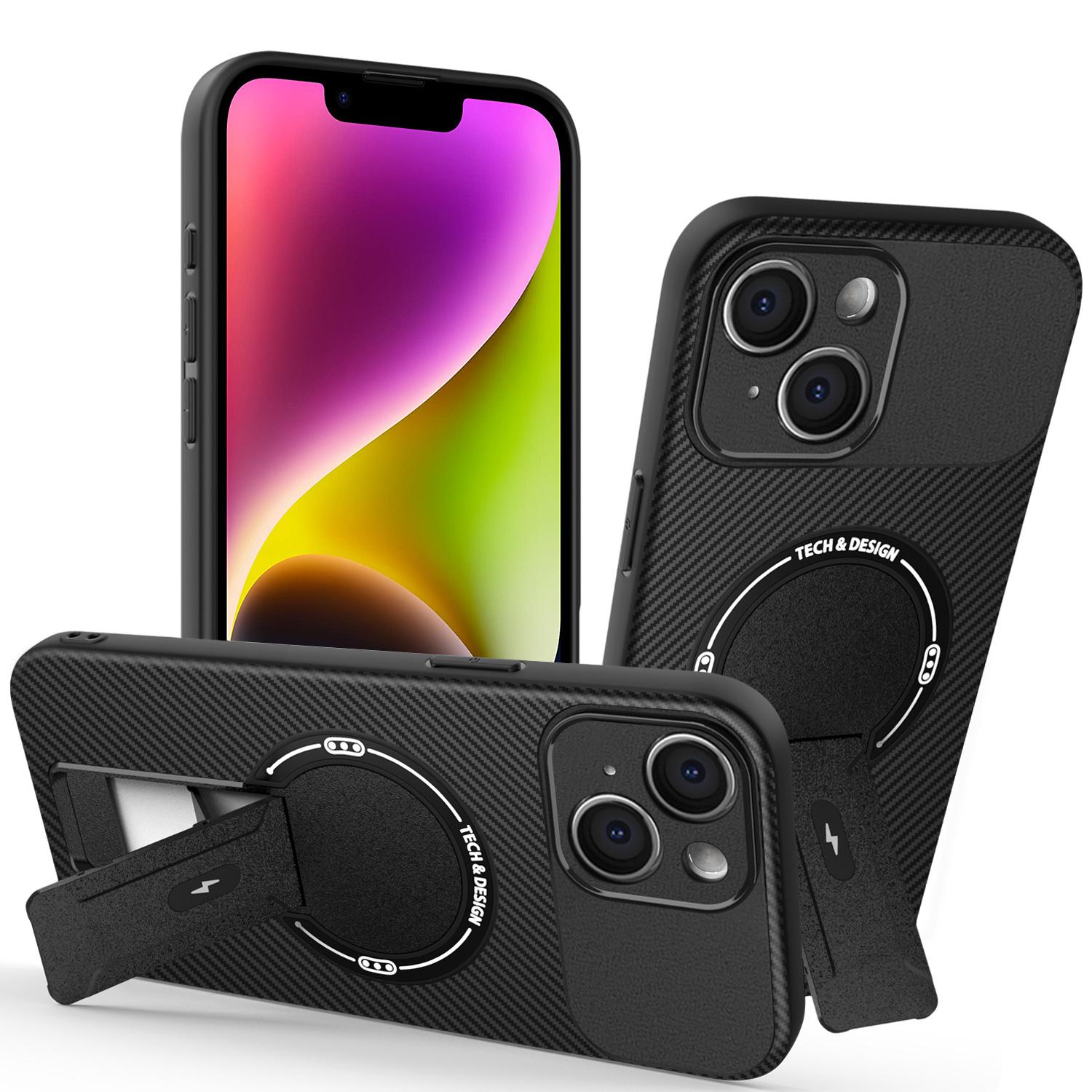 

For iPhone 14 Case with Kickstand Carbon Fiber Texture PC+TPU Phone Cover Black