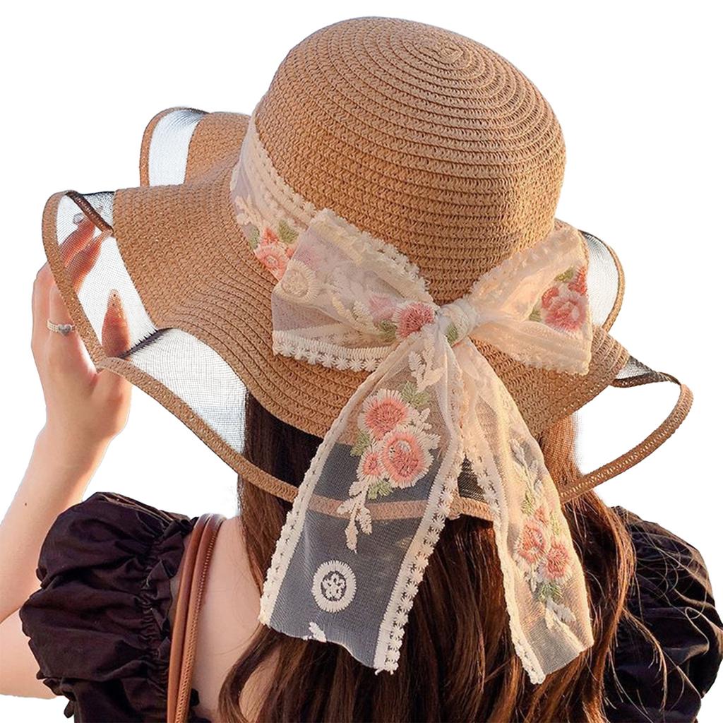 Summer Beach Straw Sun Hat Breathable Sun Hat Travel Wide Brim Summer Straw Hats with Ribbon for Outdoor Sports Hiking Travel
