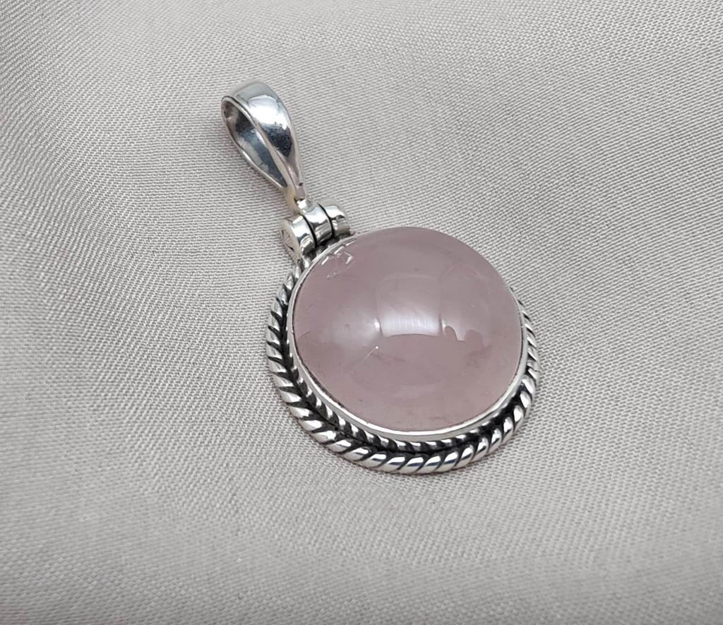 Handmade Rose Quartz Pendant: 925 Sterling Silver Round Necklace