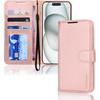iPhone 15 Leather Wallet Case, Flip Protective Case Cover with Wallet Card Holder, Stand and Wrist Strap PU Leather Case with Magnetic Closure