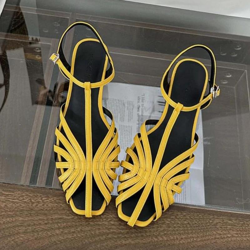 

Fashion Retro Narrow Band Hollow Design Flat Sandals Women Fashion Back Strap Buckle Roman Sandals Comfortable Soft Bottom Casual Shoes 39 жёлтый