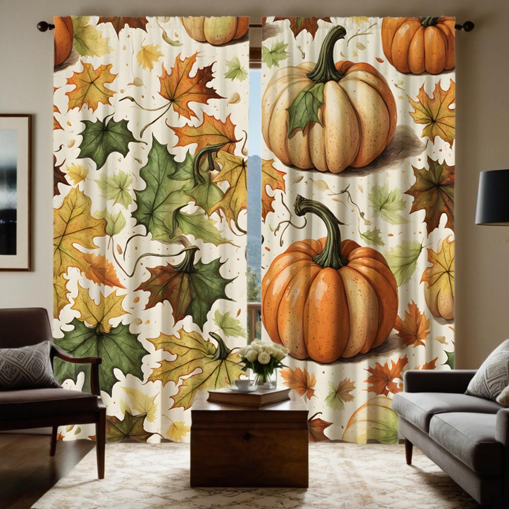 2pcs HD Harvest Festival pumpkin green Maple Leaf decorative curtain Yellow tie digital printed curtain Home Decoration style