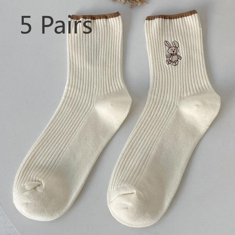 

5 пар женских носков осень-зима новые хлопковые милые однотонные тонкие полосатые с вышивкой кролик в трубке ворсовые 5 Pairs молочный белый