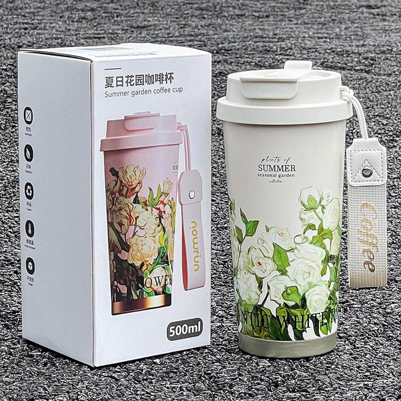 Linbei Coffee Thermos Cup Girls 2025 New Double Drinking Cup Light Luxury Premium Sense with Straw Cup Large Capacity