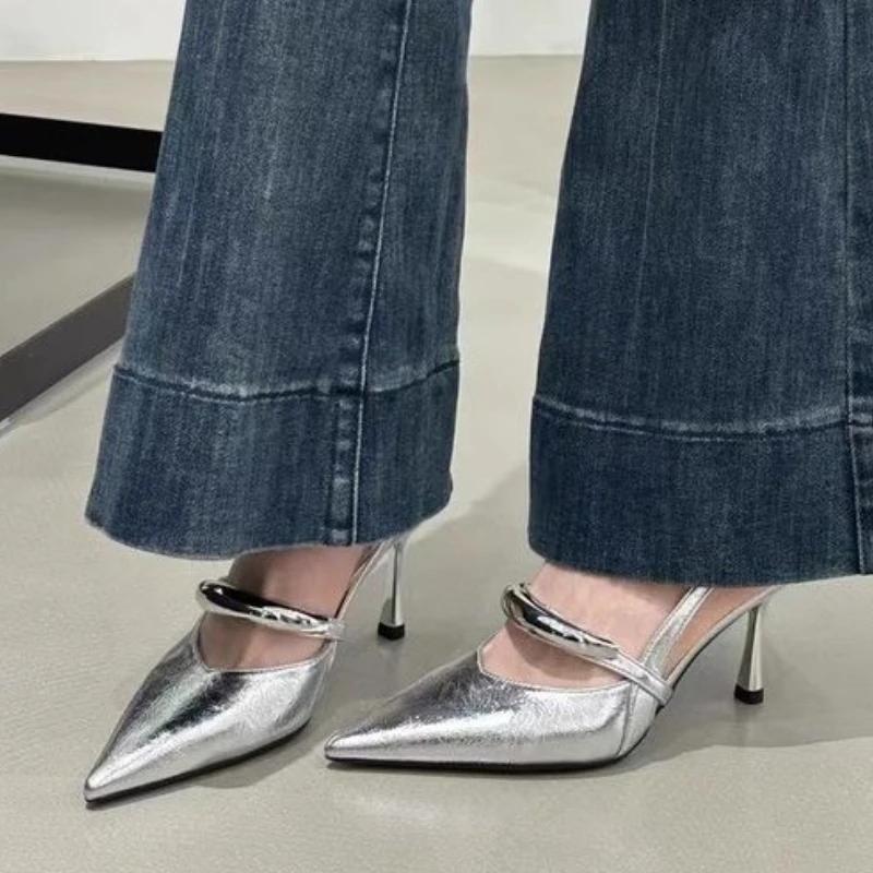 

Fashion Elegant Women High Heels Sandals Designer Pointed Toe Heeled Shoes New 2025 Summer Sexy Pumps Fashion Slingback Chaussure Femme 39 серебряный