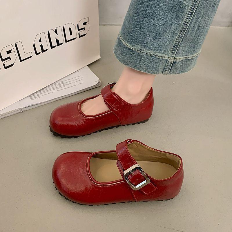 French red round head shallow mouth single shoes new spring and autumn retro student soft-soled Mary Jane shoes