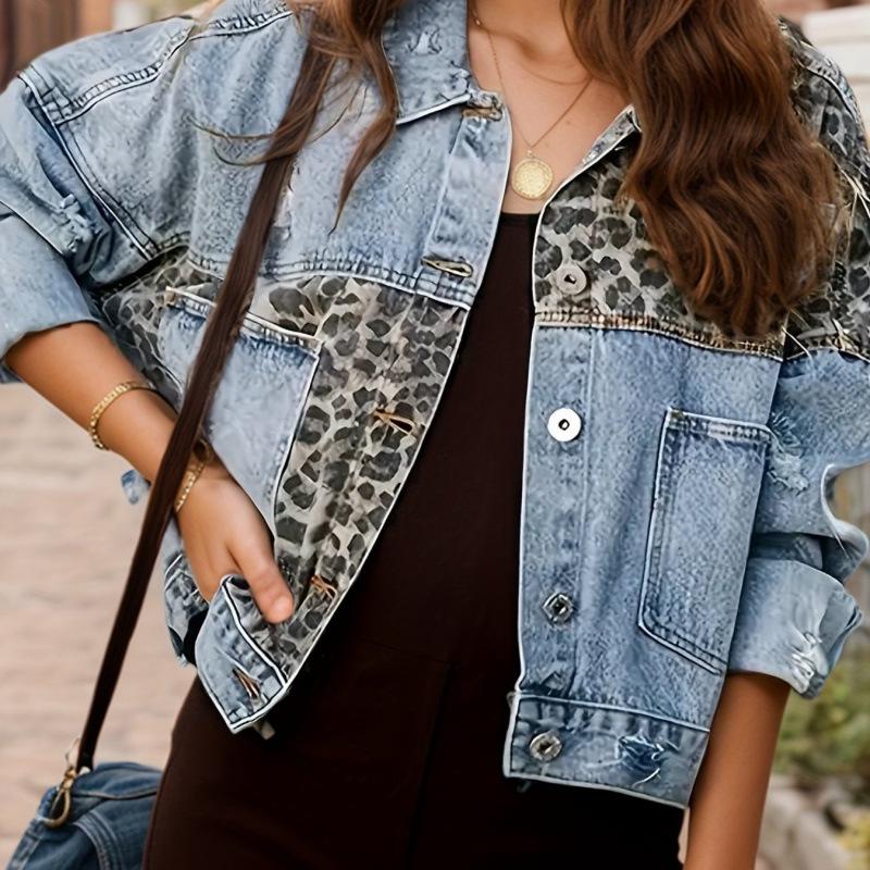 Женская модная джинсовая куртка с леопардовым принтом и пэчворком (Европейский и американский стиль) M небесно-голубой