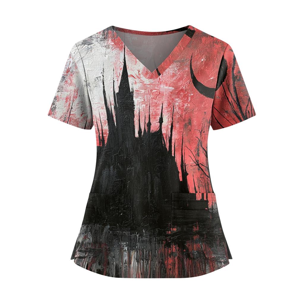 Damen Halloween Print V-Ausschnitt Kurzarm Kasack mit Doppeltaschen und Seitenschlitz