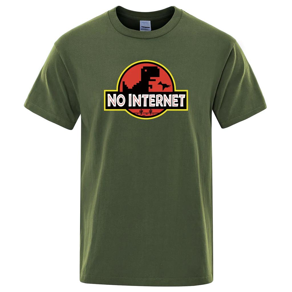 Cartoon Dinosaur Tee Shirt Printed No Internet T Shirt Men Dino Tshirt Funny Harajuku Tops Jurassic Offline Park Men's T-shirt