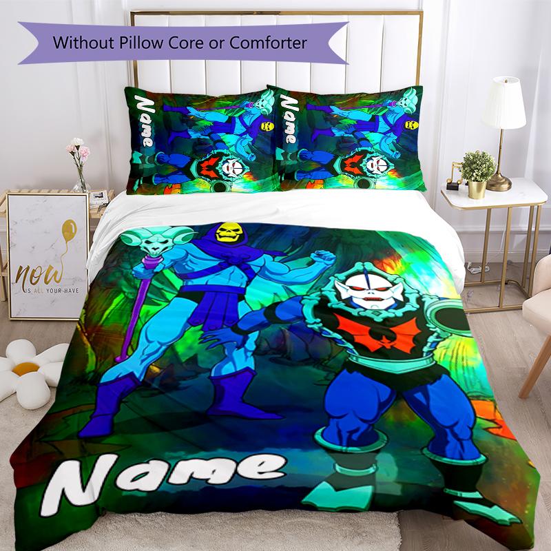 3pcs Custom Name Cartoon He-Man and the Masters of the Universe Bedding Set Duvet Cover Closure Includes 1 Duvet Cover & 2 Pillowcases for All Seasons